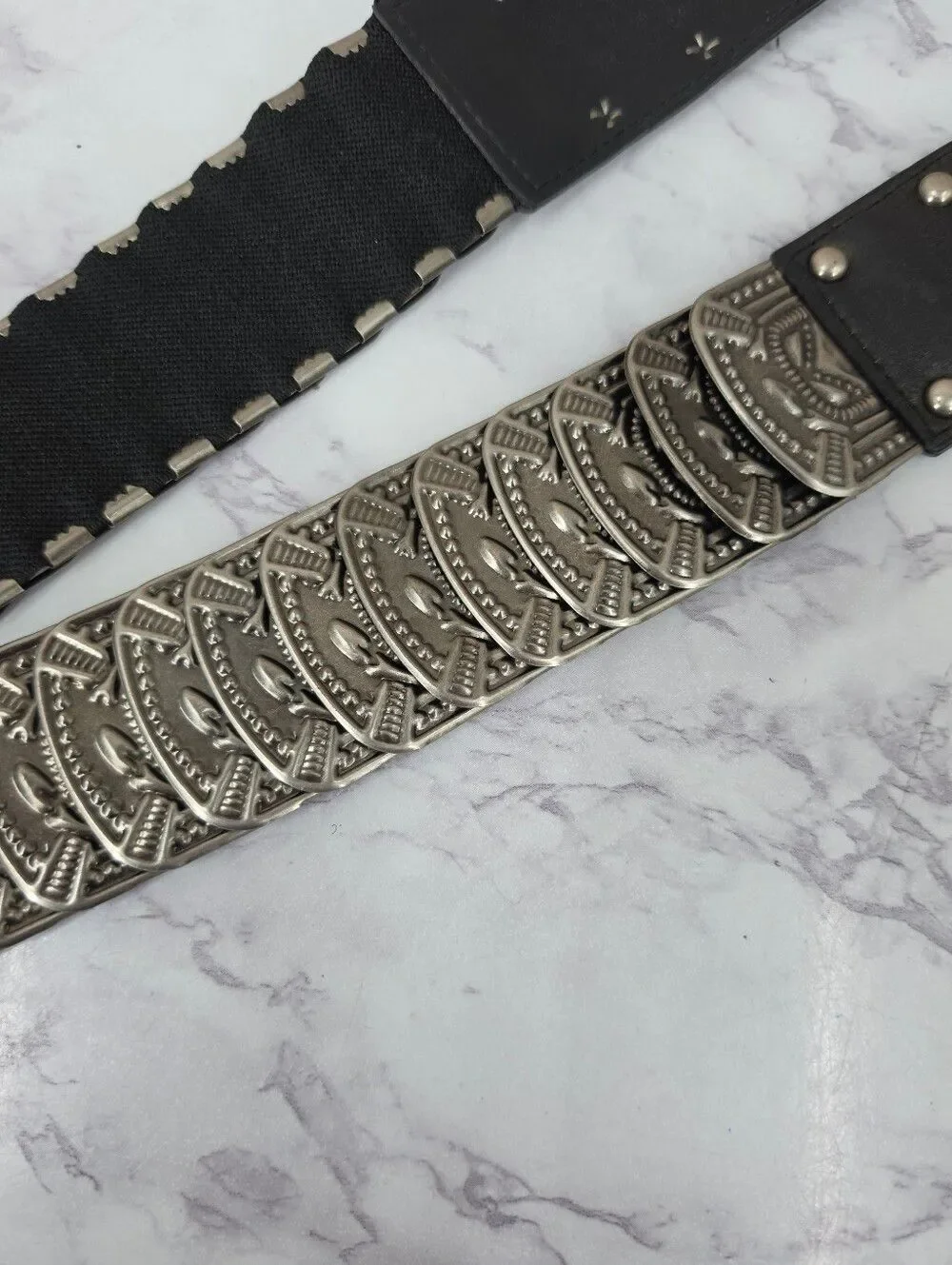 Black Stretch Belt Fishscale Oversized Hammered Metal Style Buckle Studded